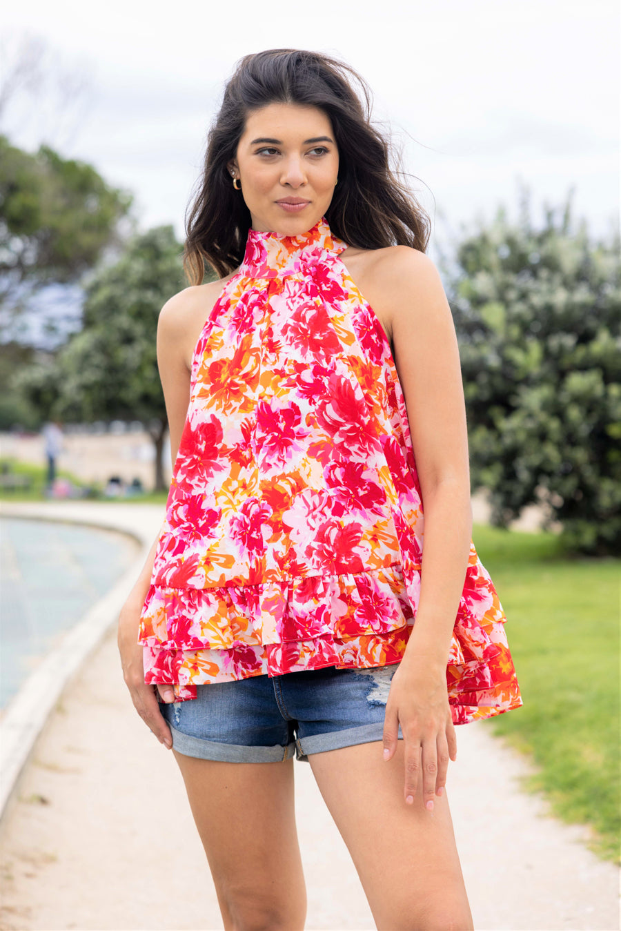 pink floral print halter neck top