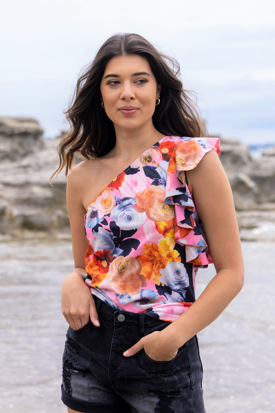 pink floral print halter neck top