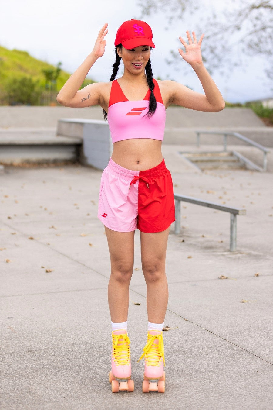 pink running shorts