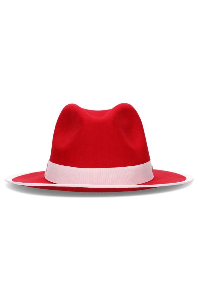 red wool fedora with pink trim