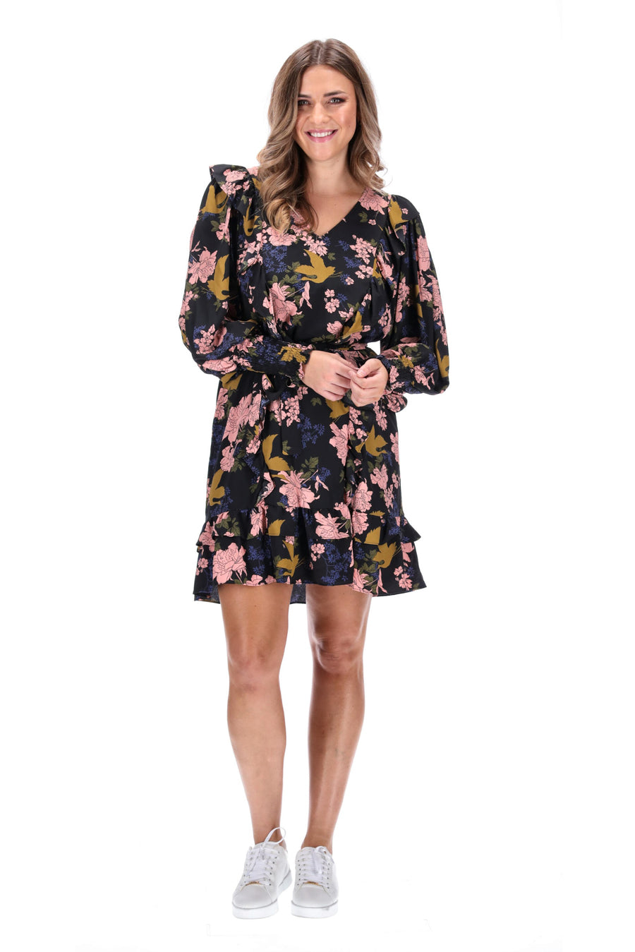 V Neck Mini Dress Black Floral Print