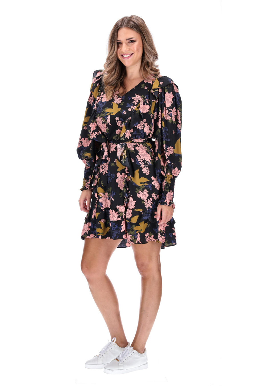 V Neck Mini Dress Black Floral Print