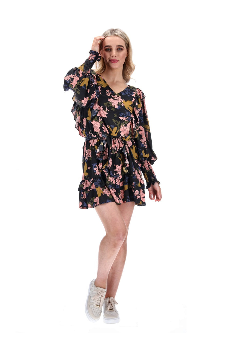 V Neck Mini Dress Black Floral Print