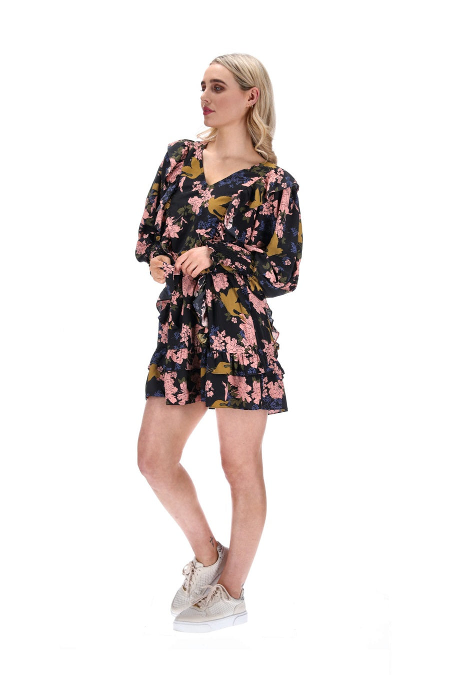 V Neck Mini Dress Black Floral Print