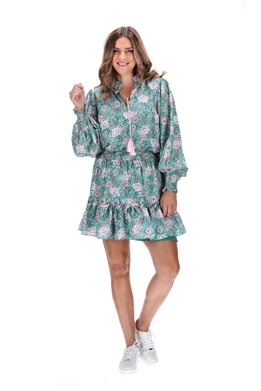 Mini Dress Green Mint Pink Micro Floral Print