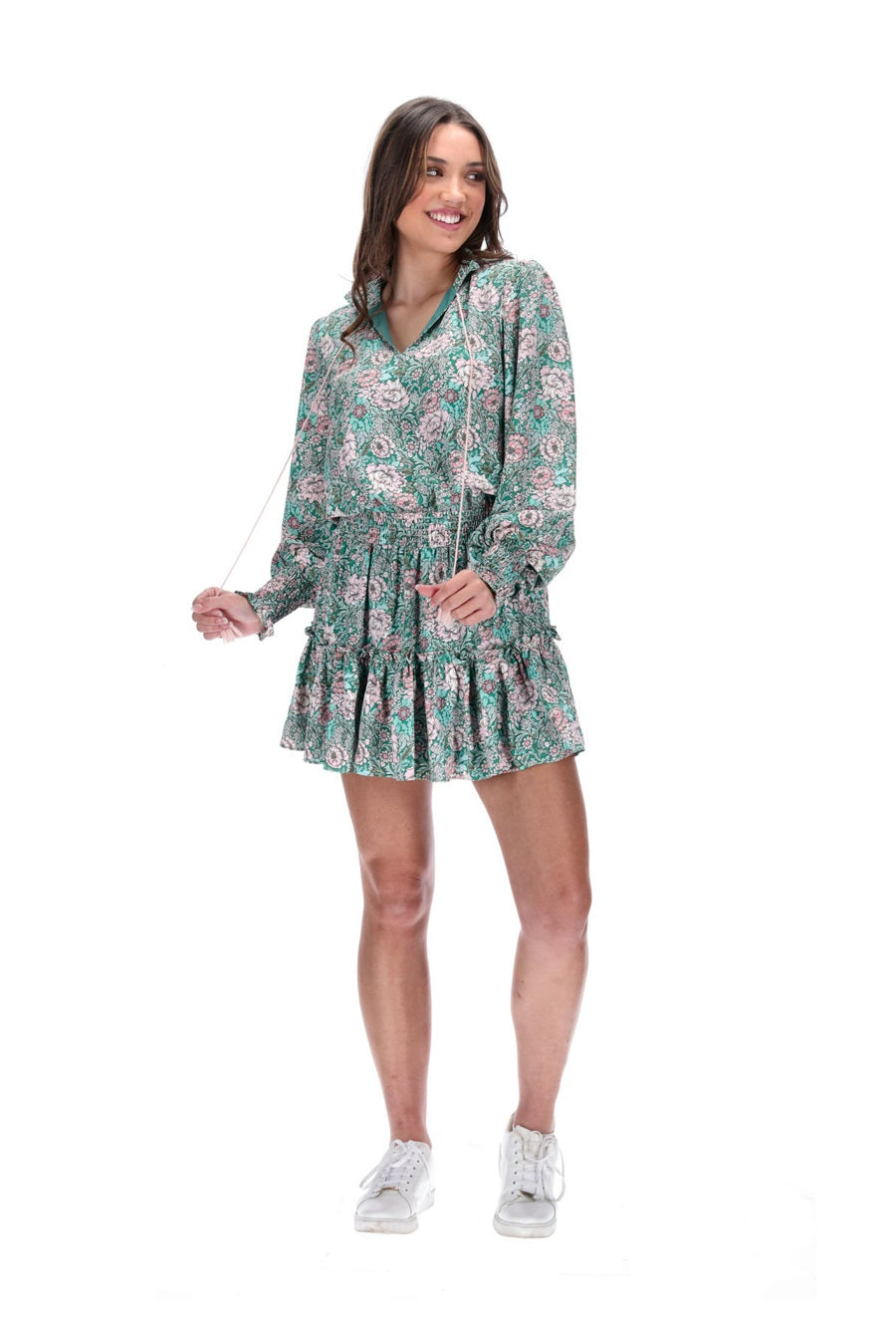 Mini Dress Green Mint Pink Micro Floral Print