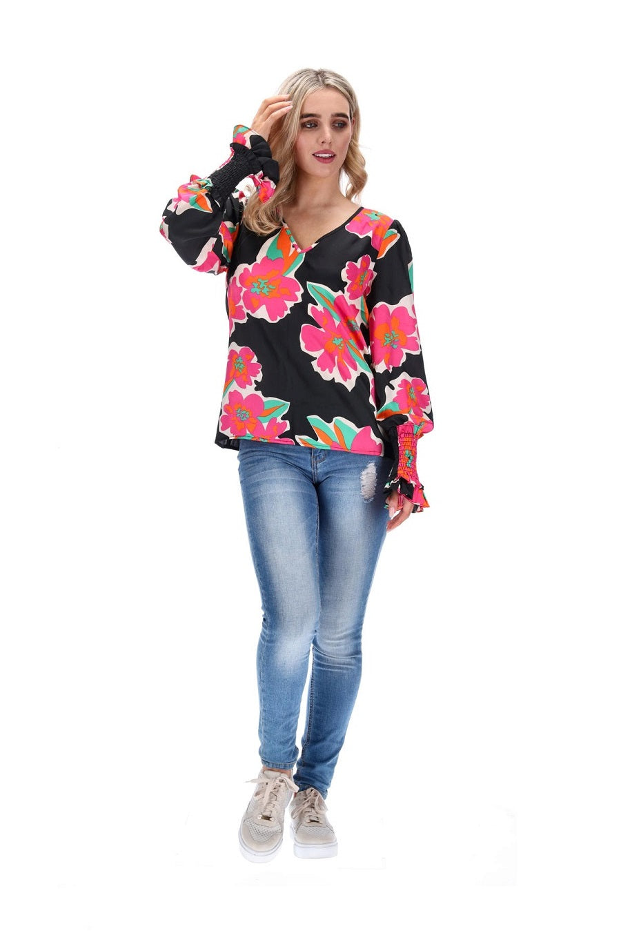  V Neck Top Black Pink Floral Print