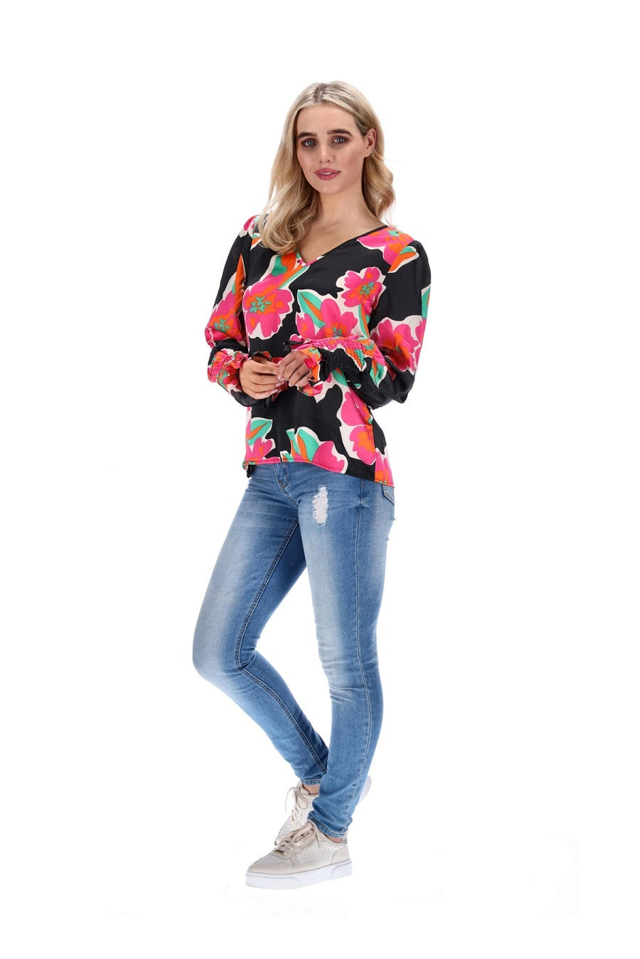  V Neck Top Black Pink Floral Print