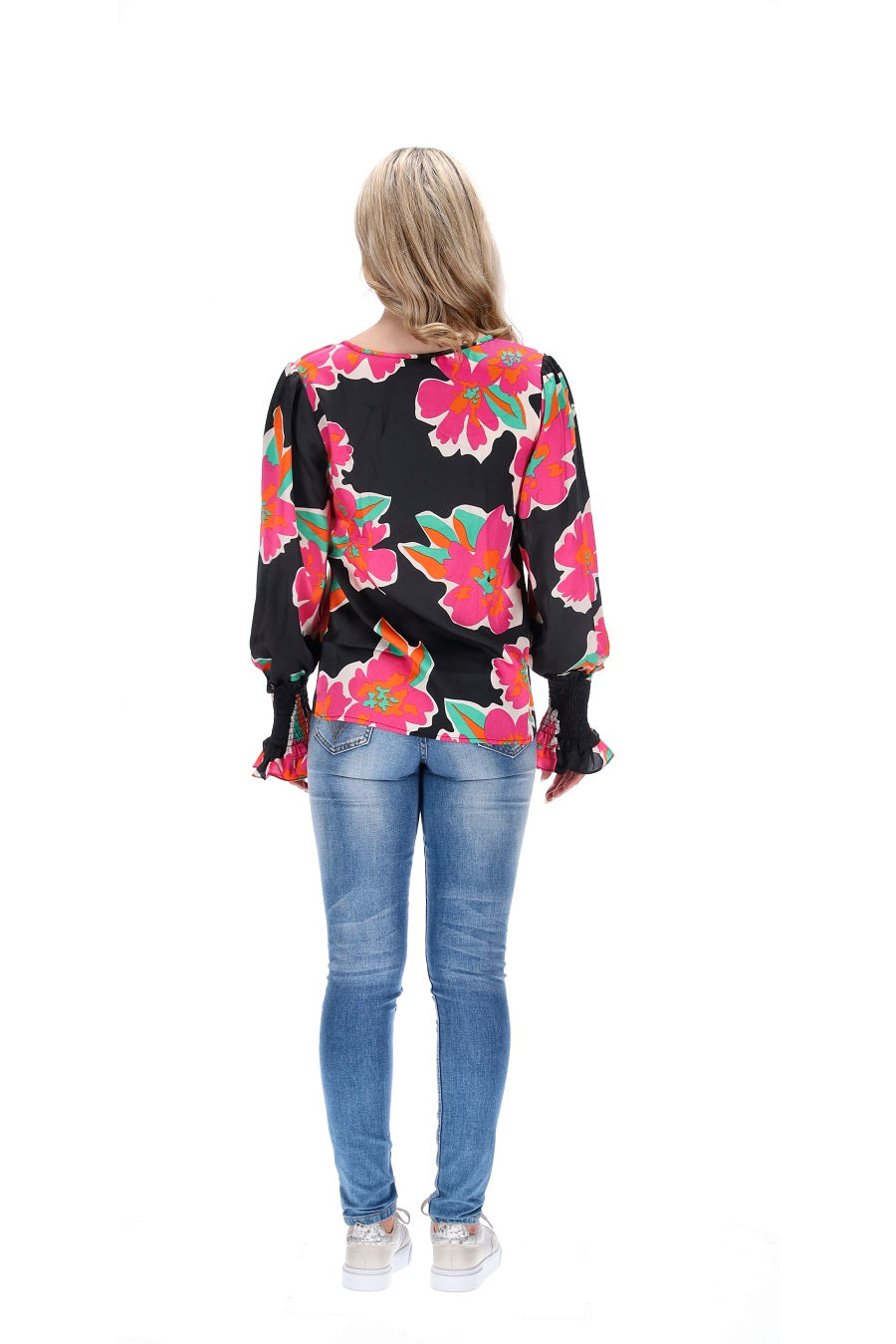  V Neck Top Black Pink Floral Print