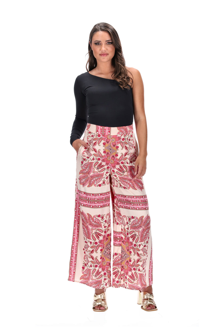 Wide Leg Pants Beige Pink Abstract Print