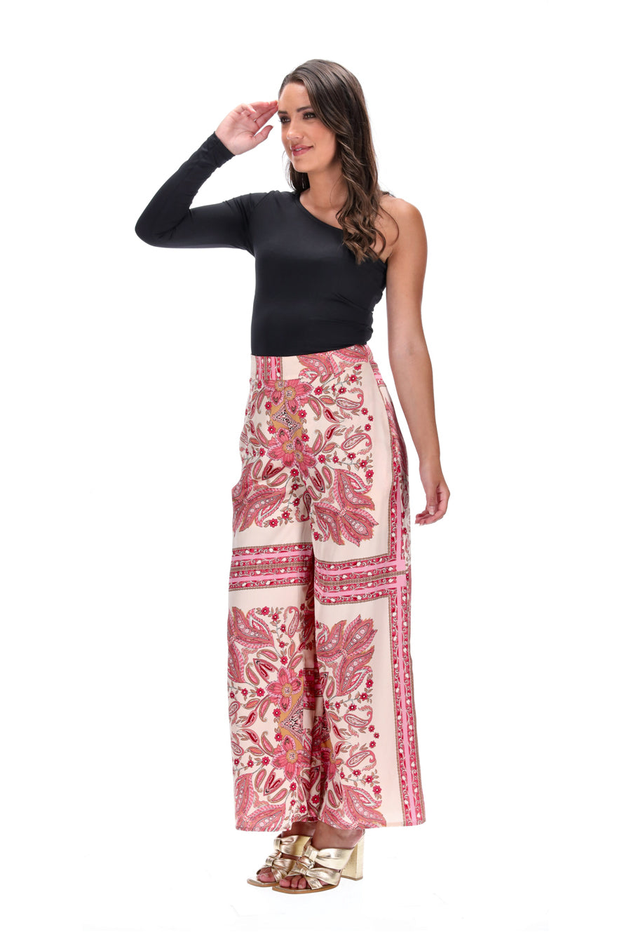 Wide Leg Pants Beige Pink Abstract Print