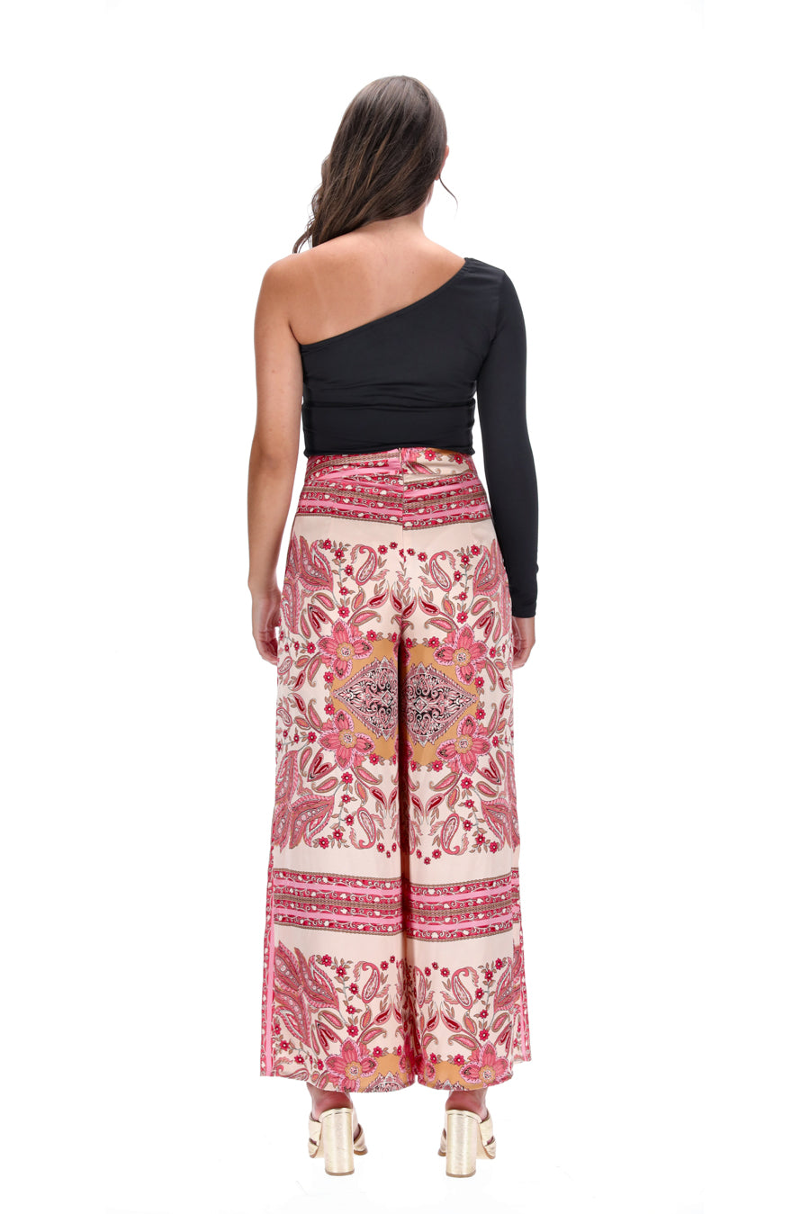 Wide Leg Pants Beige Pink Abstract Print