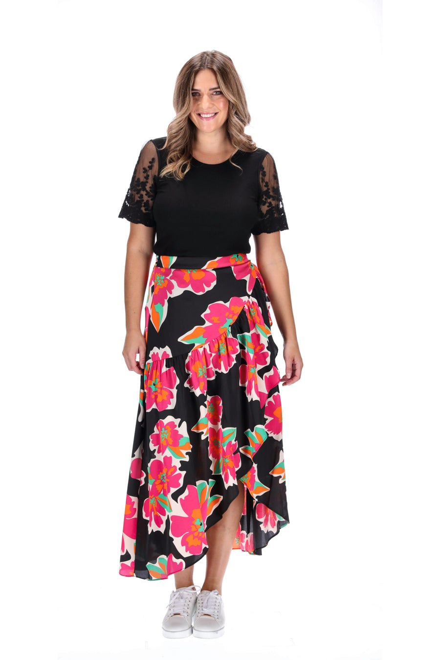 Wrap Maxi Skirt Black Pink Floral Print