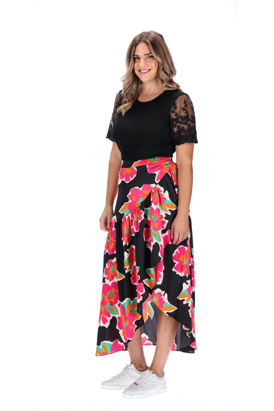 Wrap Maxi Skirt Black Pink Floral Print