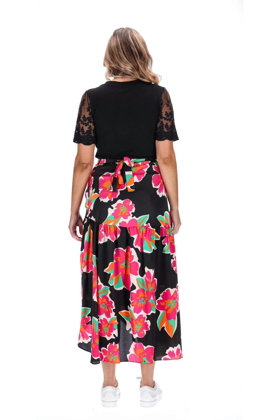 Wrap Maxi Skirt Black Pink Floral Print