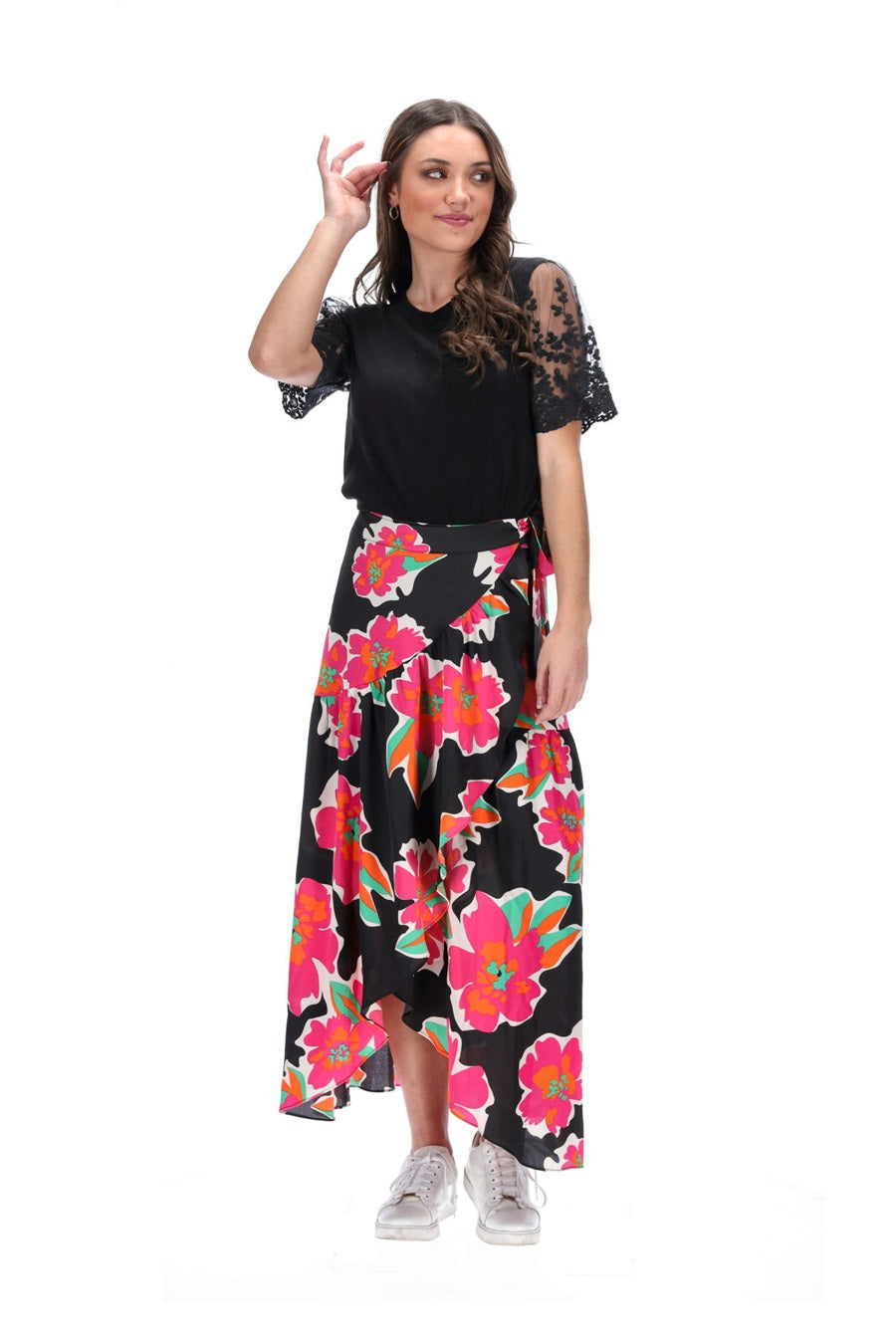 Wrap Maxi Skirt Black Pink Floral Print