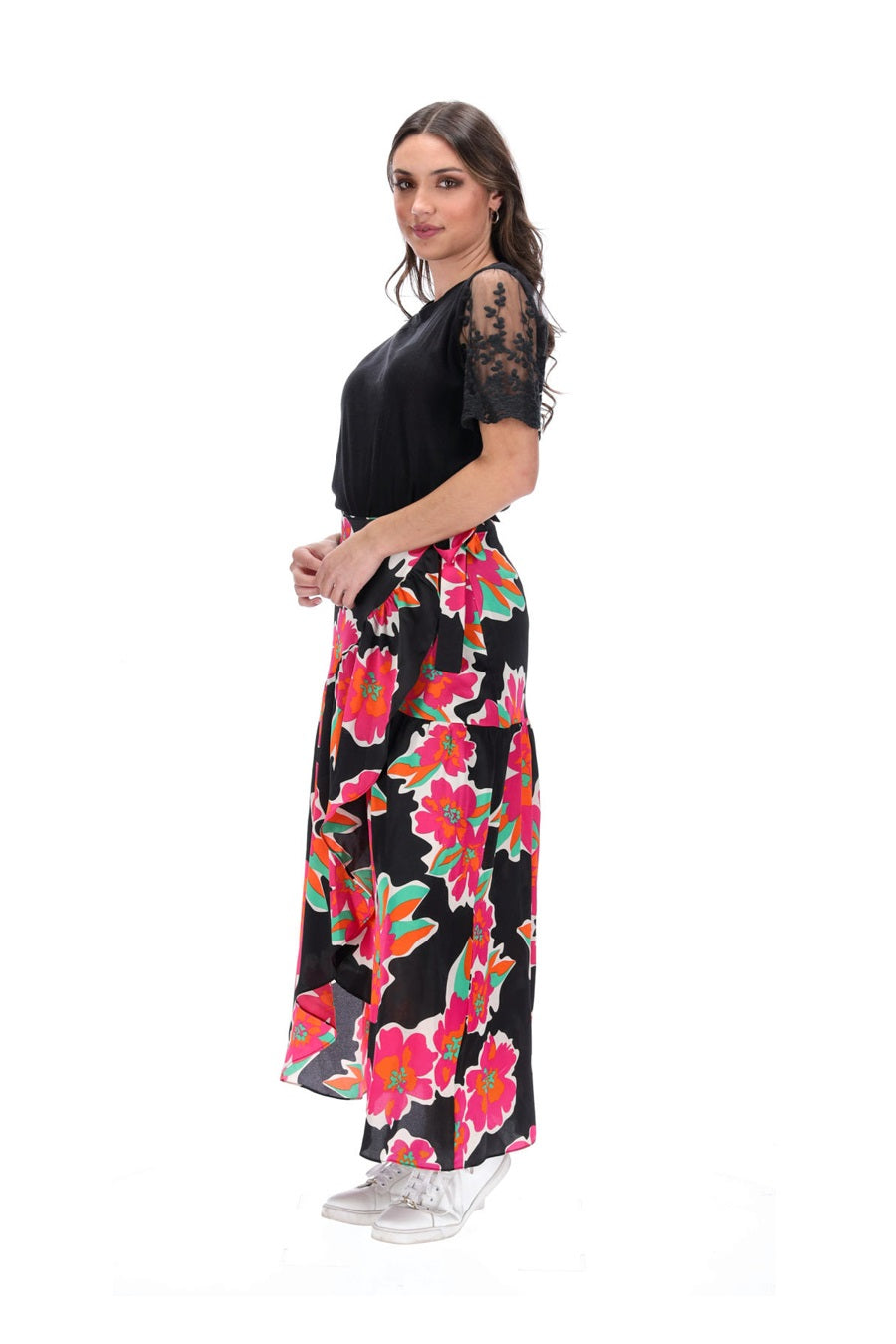 Wrap Maxi Skirt Black Pink Floral Print