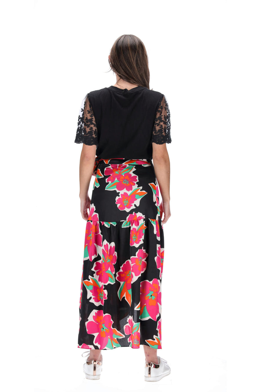 Wrap Maxi Skirt Black Pink Floral Print