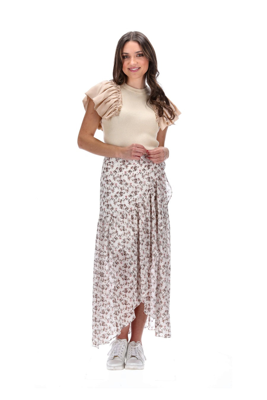 Wrap Style Maxi Skirt Cream Floral Print