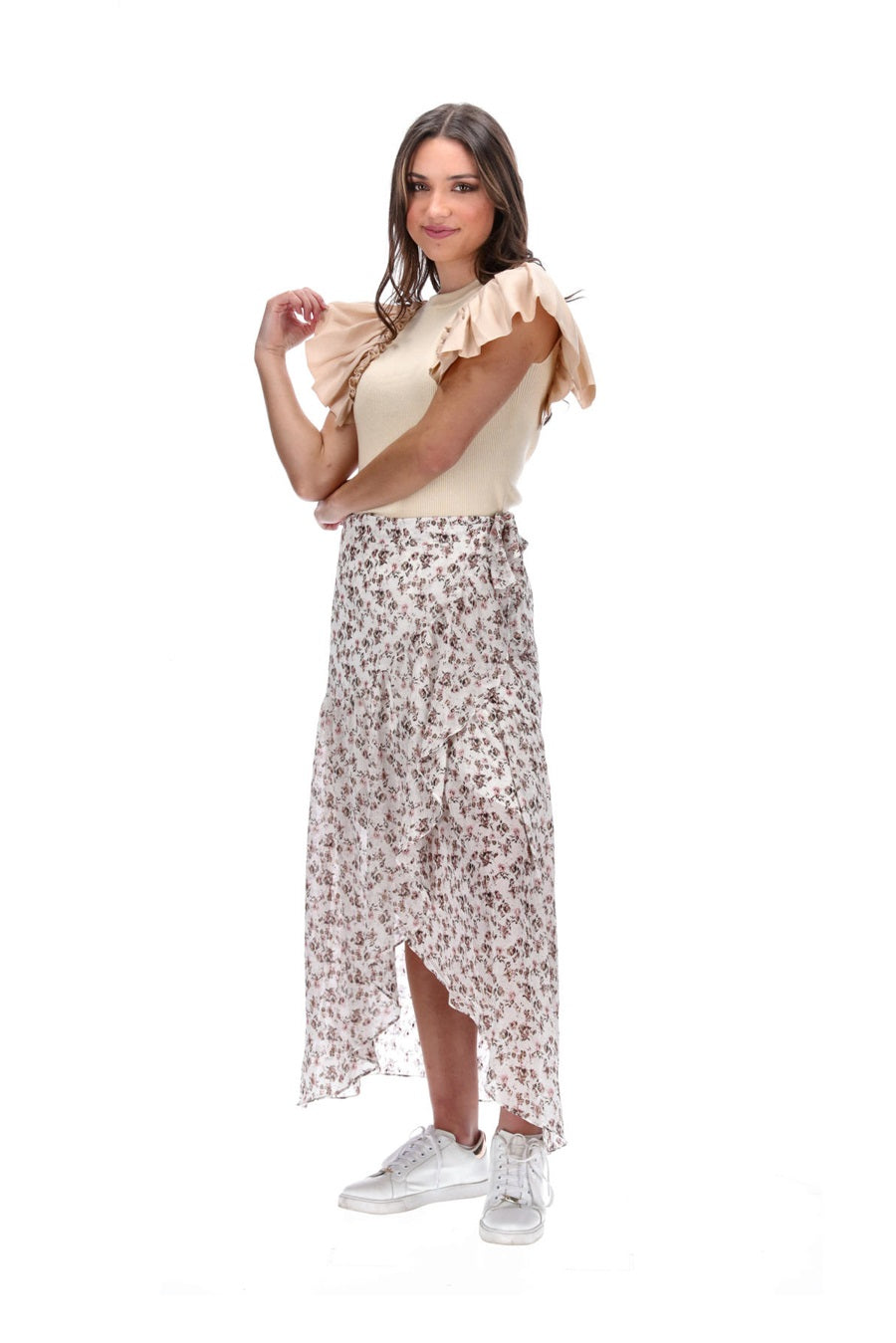 Wrap Style Maxi Skirt Cream Floral Print