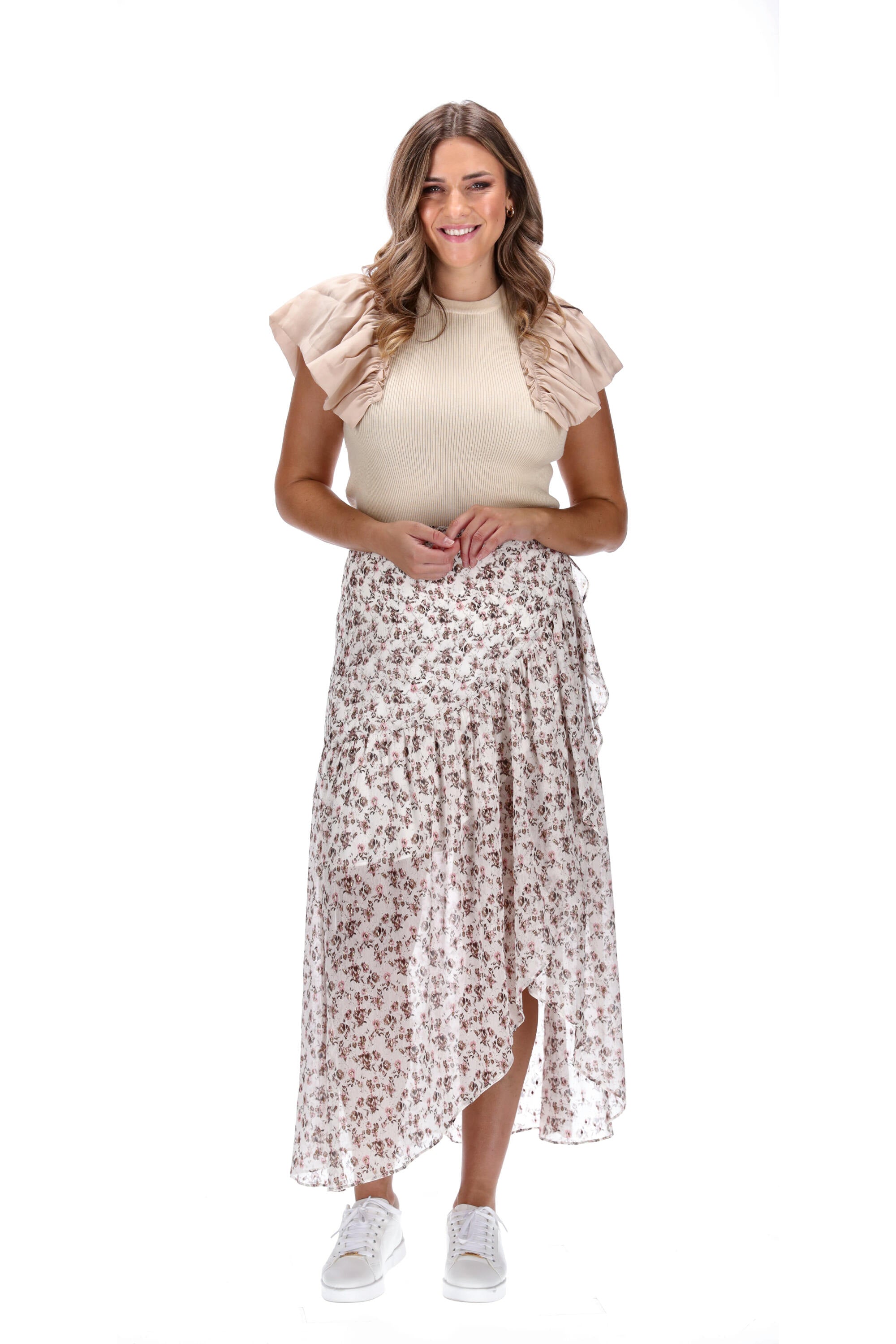 Wrap Style Maxi Skirt Cream Floral Print