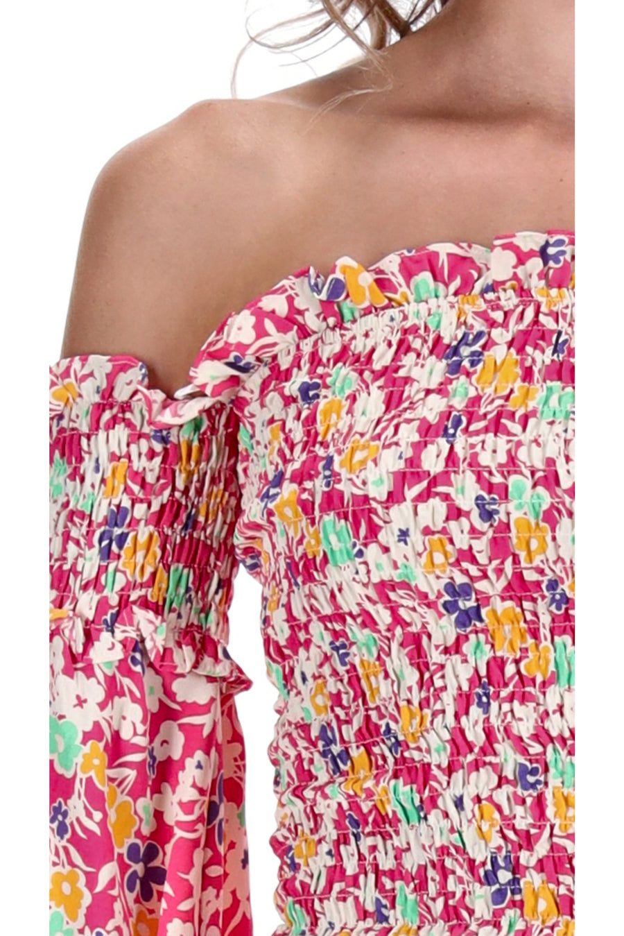 strapless top shirred bust pink floral print