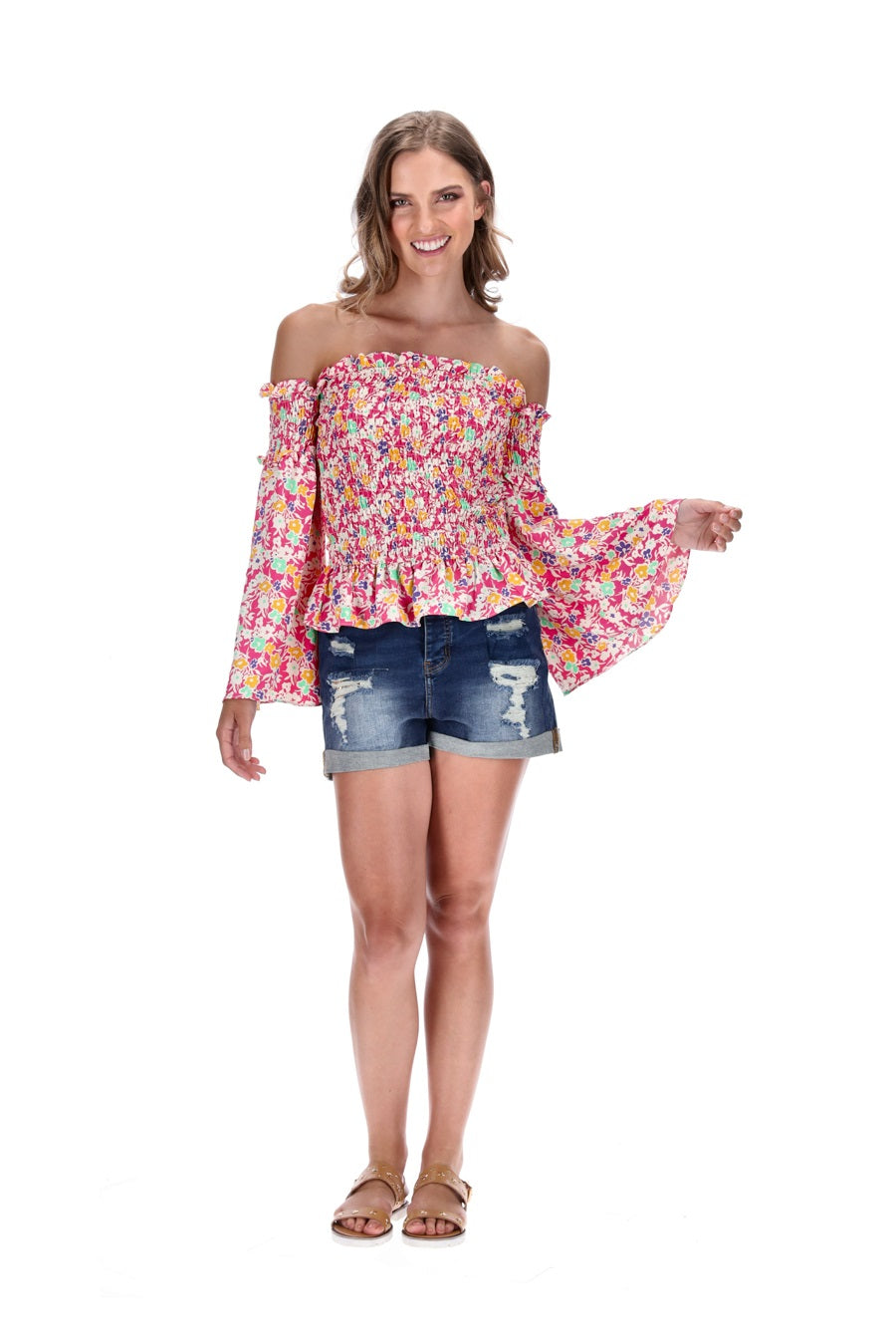 strapless top shirred bust pink floral print