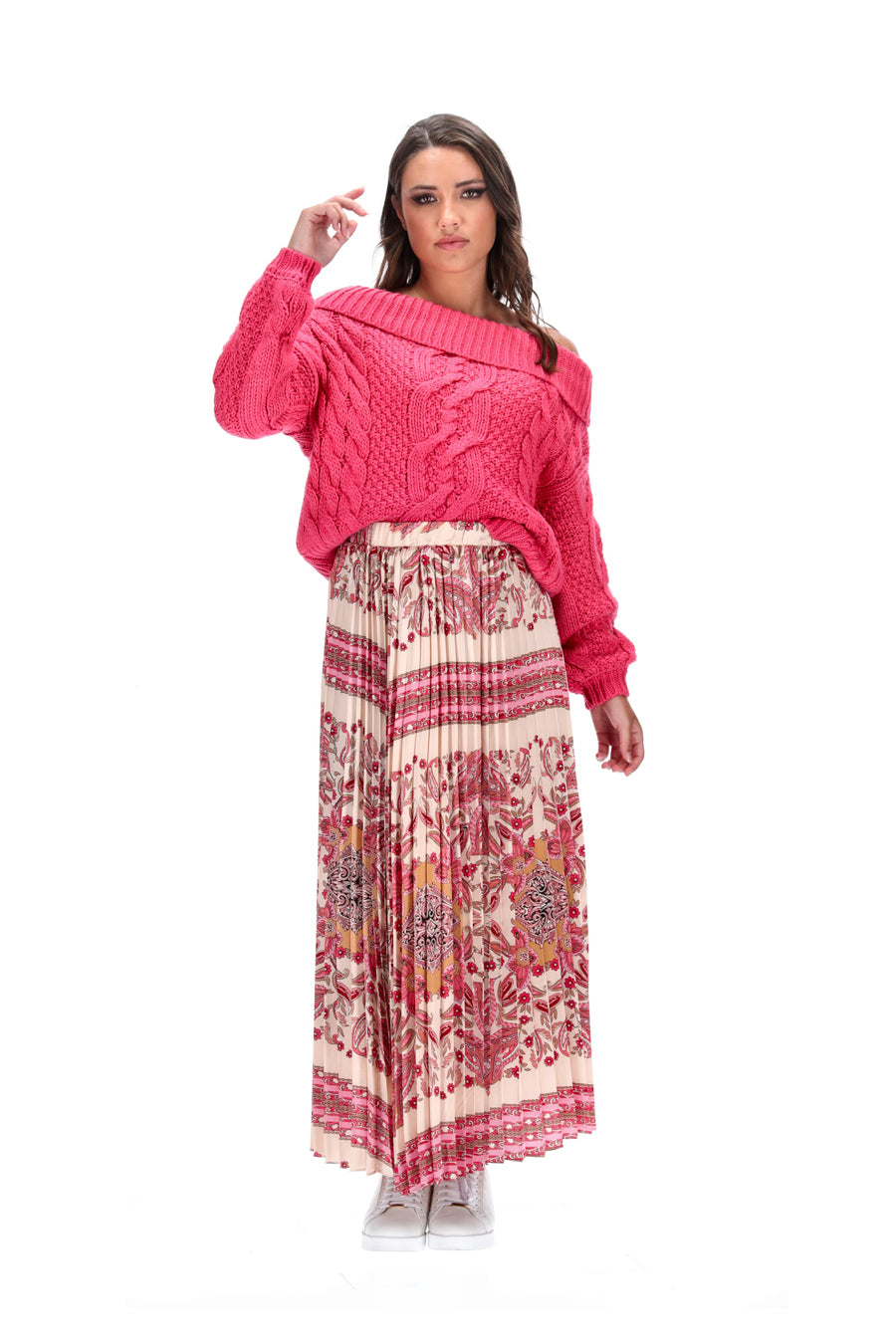 Oversized Off-Shoulder Knit Sweater Hot Pink