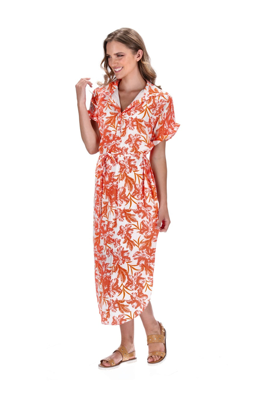 shirt style midi dress orange