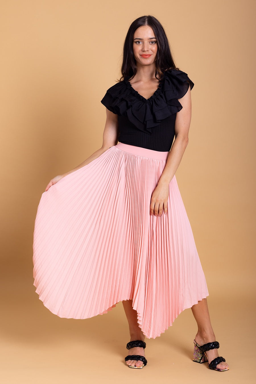  Pink Pleated Maxi Skirt