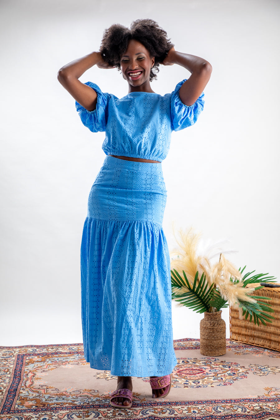 crop top & maxi skirt set baby blue lace