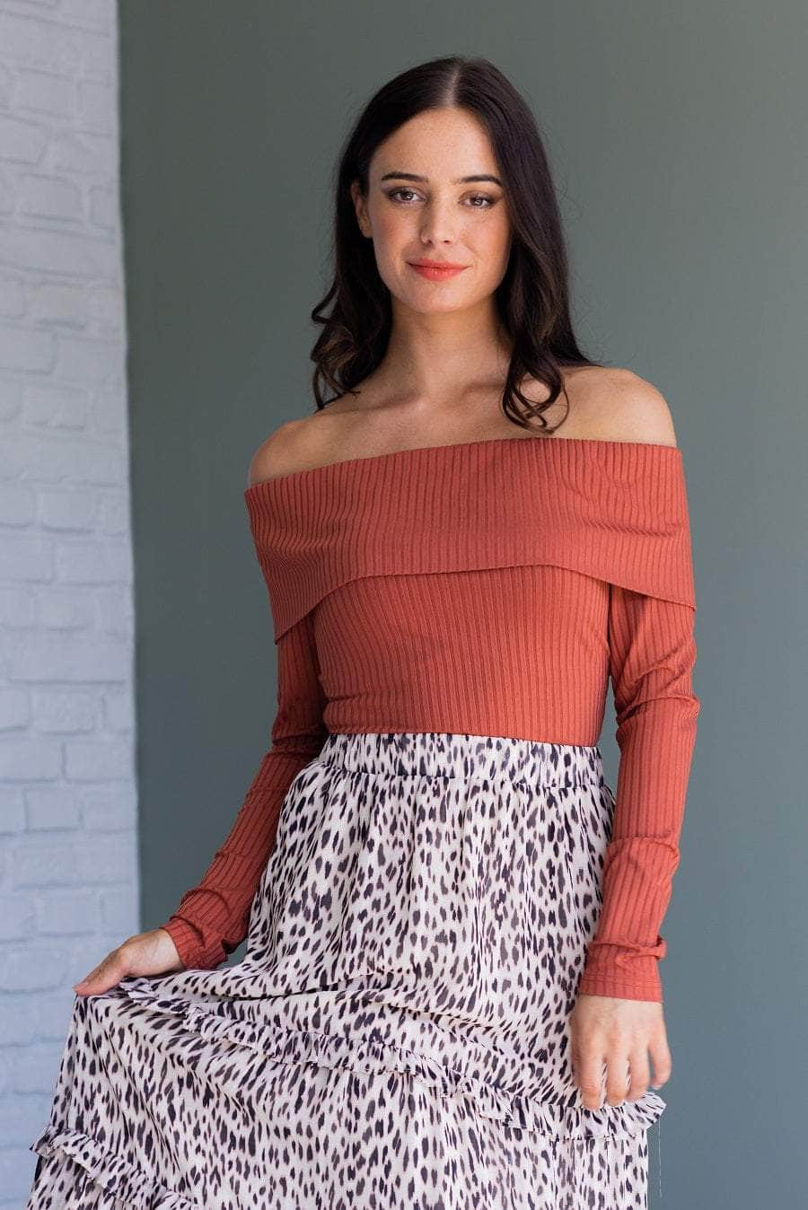 Rust off the hot sale shoulder sweater